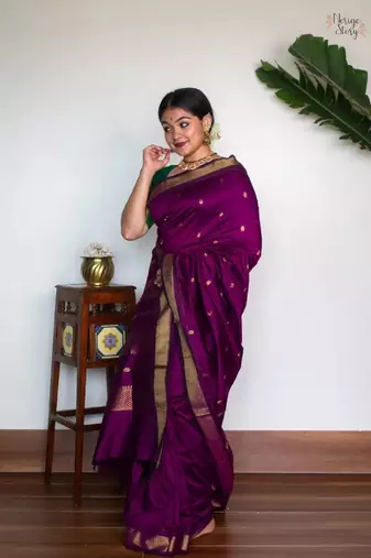 Purple silk blend banarasi saree with unstitched blouse piece