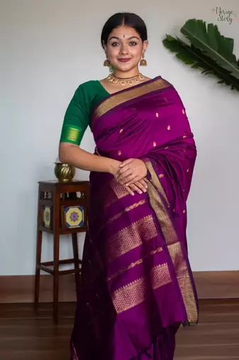 Purple silk blend banarasi saree with unstitched blouse piece