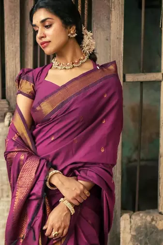 Purple soft silk blend banarasi jacuard work designer party wear saree with unstitched blouse piece