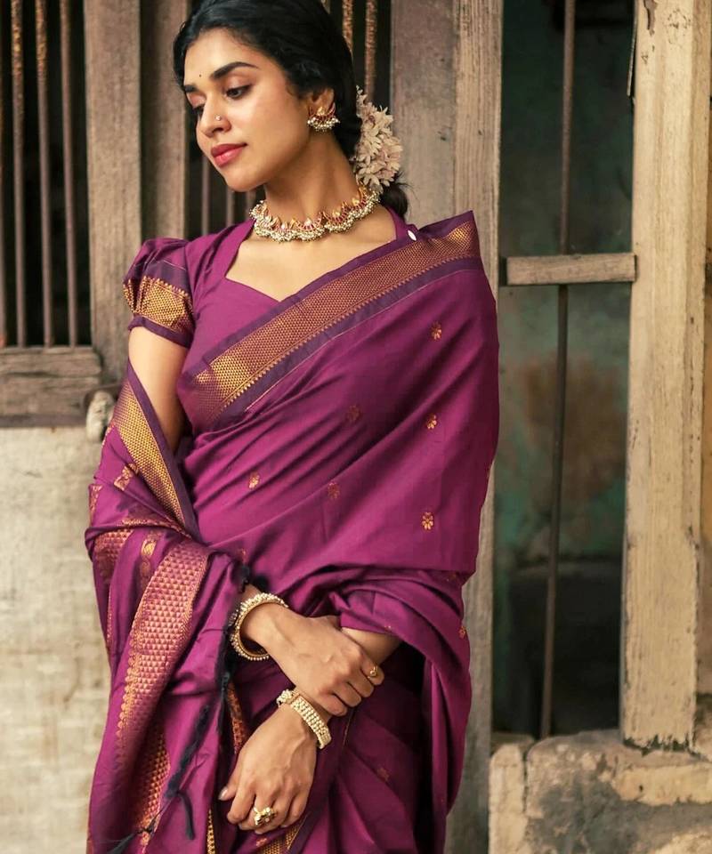 Purple soft silk blend banarasi jacuard work designer party wear saree with unstitched blouse piece