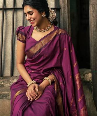 Purple silk blend banarasi saree with unstitched blouse piece 2
