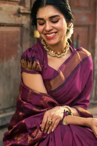 Purple silk blend banarasi saree with unstitched blouse piece