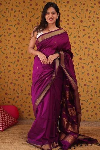 Purple soft silk blend banarasi jacuard work designer party wear saree with unstitched blouse piece