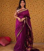 Purple soft silk blend banarasi jacuard work designer party wear saree with unstitched blouse piece