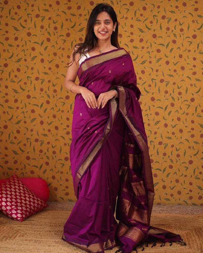 Purple soft silk blend banarasi jacuard work designer party wear saree with unstitched blouse piece