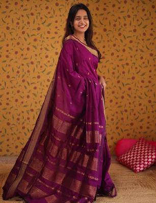 Purple silk blend banarasi saree with unstitched blouse piece 2
