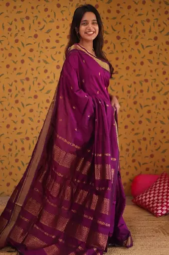 Purple silk blend banarasi saree with unstitched blouse piece