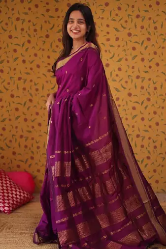 Purple silk blend banarasi saree with unstitched blouse piece