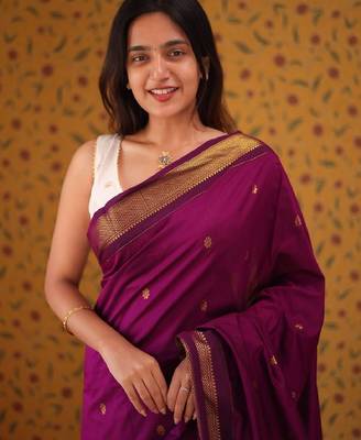 Purple silk blend banarasi saree with unstitched blouse piece 4