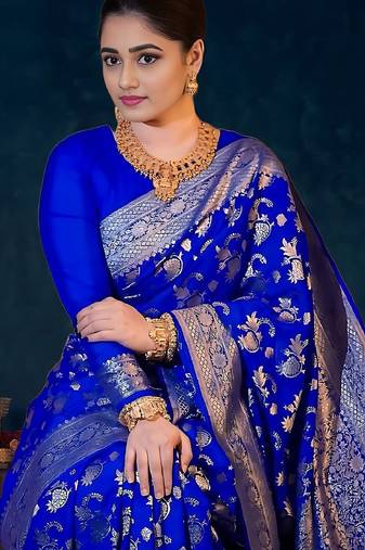 Royal blue soft silk blend banarasi jacuard work designer party wear saree with unstitched blouse piece