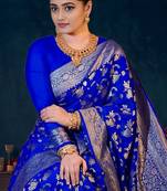 Royal blue soft silk blend banarasi jacuard work designer party wear saree with unstitched blouse piece