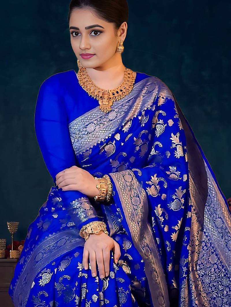 Royal blue soft silk blend banarasi jacuard work designer party wear saree with unstitched blouse piece