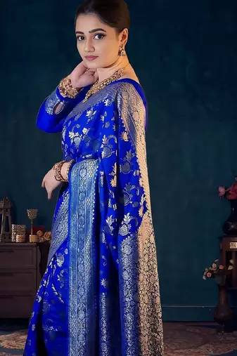 Royal blue silk blend banarasi saree with unstitched blouse piece