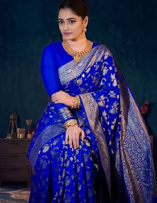 Royal blue silk blend banarasi saree with unstitched blouse piece 3
