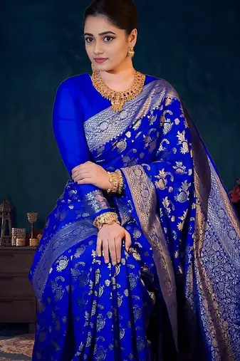 Royal blue silk blend banarasi saree with unstitched blouse piece