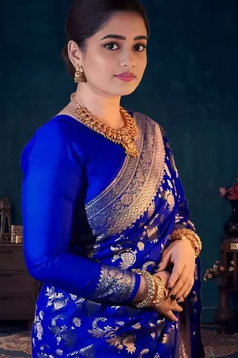 Royal blue silk blend banarasi saree with unstitched blouse piece