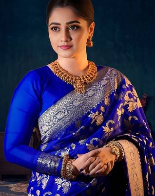 Royal blue silk blend banarasi saree with unstitched blouse piece 5
