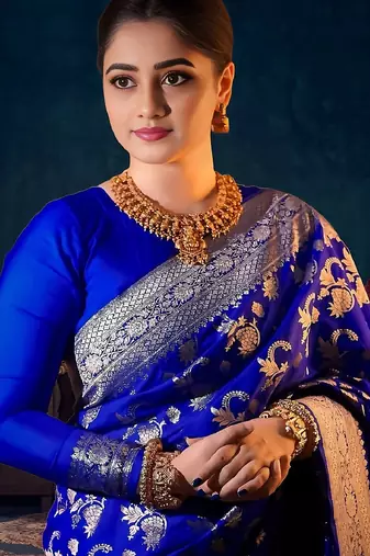 Royal blue silk blend banarasi saree with unstitched blouse piece