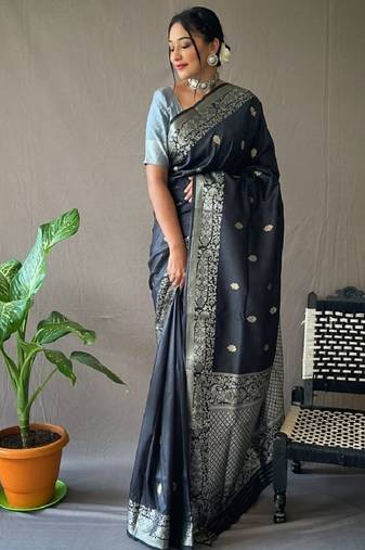 Black grey soft silk blend banarasi jacuard work designer party wear saree with unstitched blouse piece