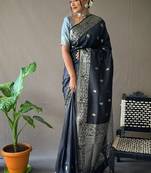 Black grey soft silk blend banarasi jacuard work designer party wear saree with unstitched blouse piece