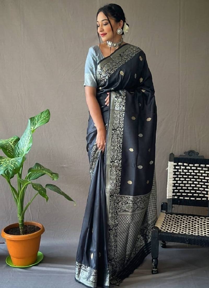 Black grey soft silk blend banarasi jacuard work designer party wear saree with unstitched blouse piece