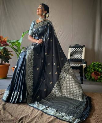 Black grey silk blend banarasi saree with unstitched blouse piece 2