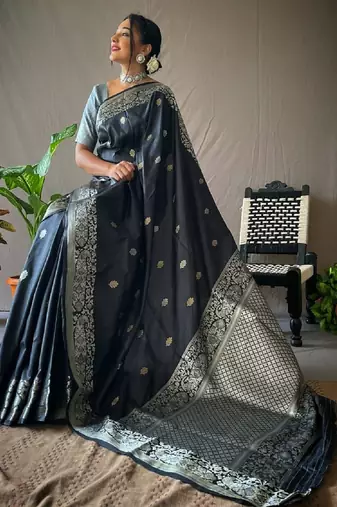 Black grey silk blend banarasi saree with unstitched blouse piece