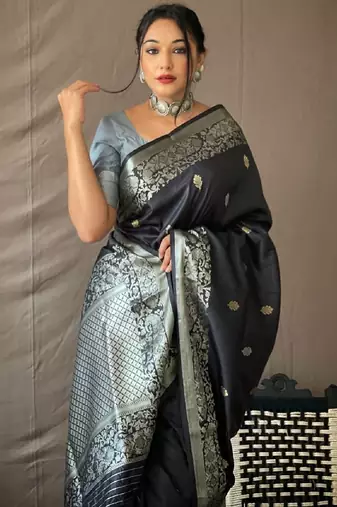 Black grey silk blend banarasi saree with unstitched blouse piece