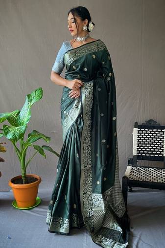 Gren grey soft silk blend banarasi jacuard work designer party wear saree with unstitched blouse piece
