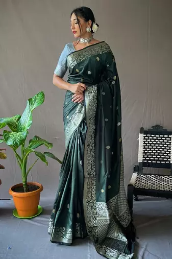 Gren grey soft silk blend banarasi jacuard work designer party wear saree with unstitched blouse piece