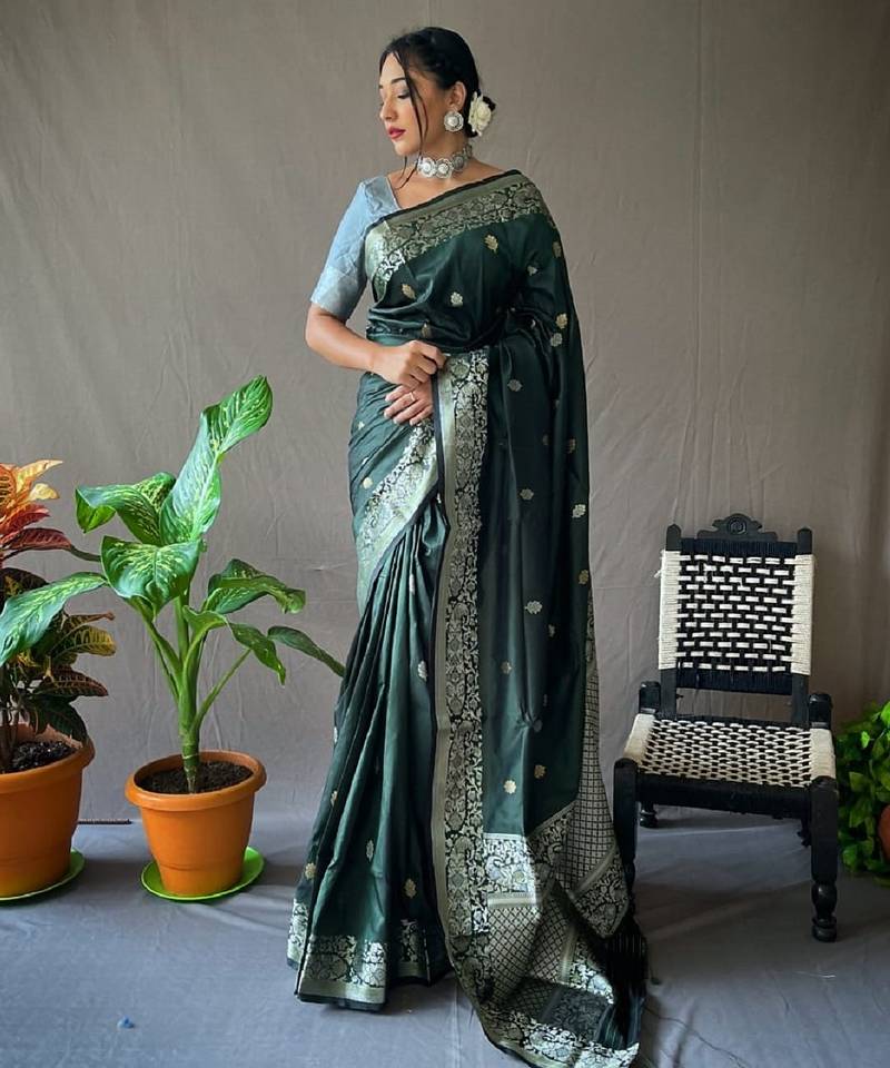 Gren grey soft silk blend banarasi jacuard work designer party wear saree with unstitched blouse piece