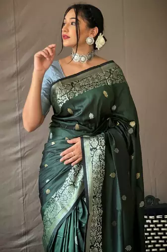 Gren grey silk blend banarasi saree with unstitched blouse piece