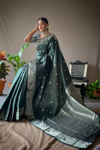 Gren grey silk blend banarasi saree with unstitched blouse piece