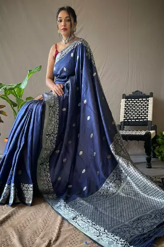 Blue grey soft silk blend banarasi jacuard work designer party wear saree with unstitched blouse piece