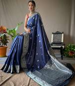 Blue grey soft silk blend banarasi jacuard work designer party wear saree with unstitched blouse piece
