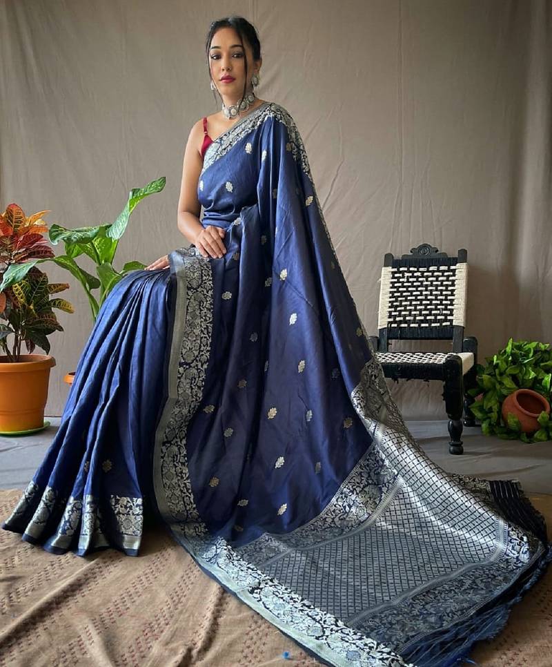 Blue grey soft silk blend banarasi jacuard work designer party wear saree with unstitched blouse piece