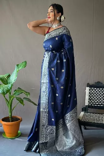 Blue grey silk blend banarasi saree with unstitched blouse piece