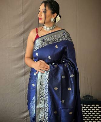 Blue grey silk blend banarasi saree with unstitched blouse piece 3