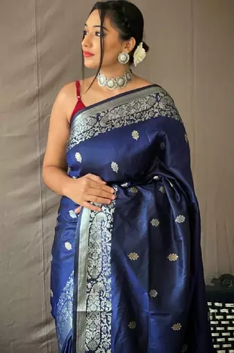 Blue grey silk blend banarasi saree with unstitched blouse piece