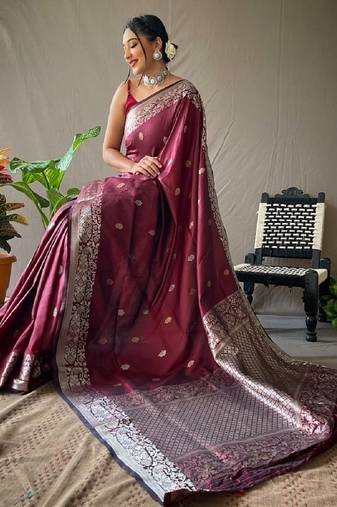 Maroon grey soft silk blend banarasi jacuard work designer party wear saree with unstitched blouse piece
