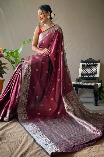Maroon grey soft silk blend banarasi jacuard work designer party wear saree with unstitched blouse piece