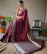 Maroon grey soft silk blend banarasi jacuard work designer party wear saree with unstitched blouse piece