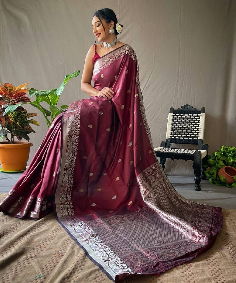Maroon grey soft silk blend banarasi jacuard work designer party wear saree with unstitched blouse piece