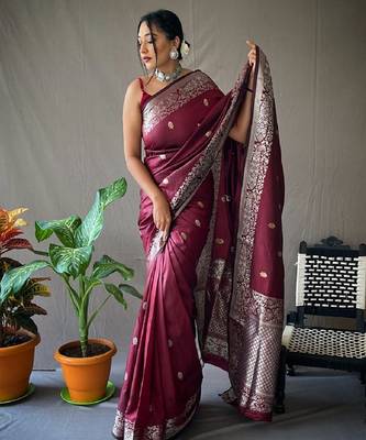 Wine grey silk blend banarasi saree with unstitched blouse piece 2