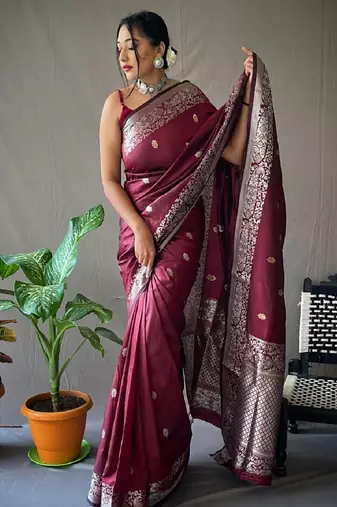 Wine grey silk blend banarasi saree with unstitched blouse piece