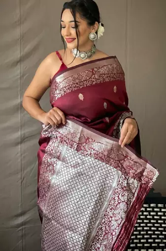 Wine grey silk blend banarasi saree with unstitched blouse piece