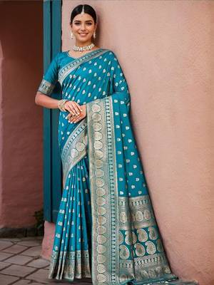 Firoji silk blend banarasi saree with unstitched blouse piece 1