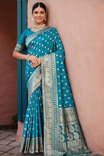 Firoji soft silk blend banarasi jacuard work designer party wear saree with unstitched blouse piece