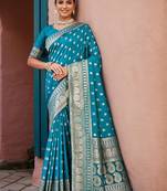 Firoji soft silk blend banarasi jacuard work designer party wear saree with unstitched blouse piece