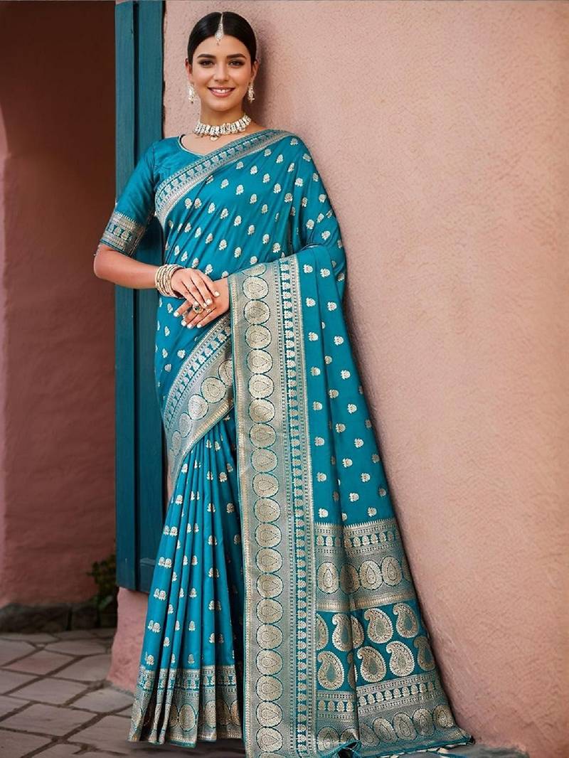 Firoji soft silk blend banarasi jacuard work designer party wear saree with unstitched blouse piece